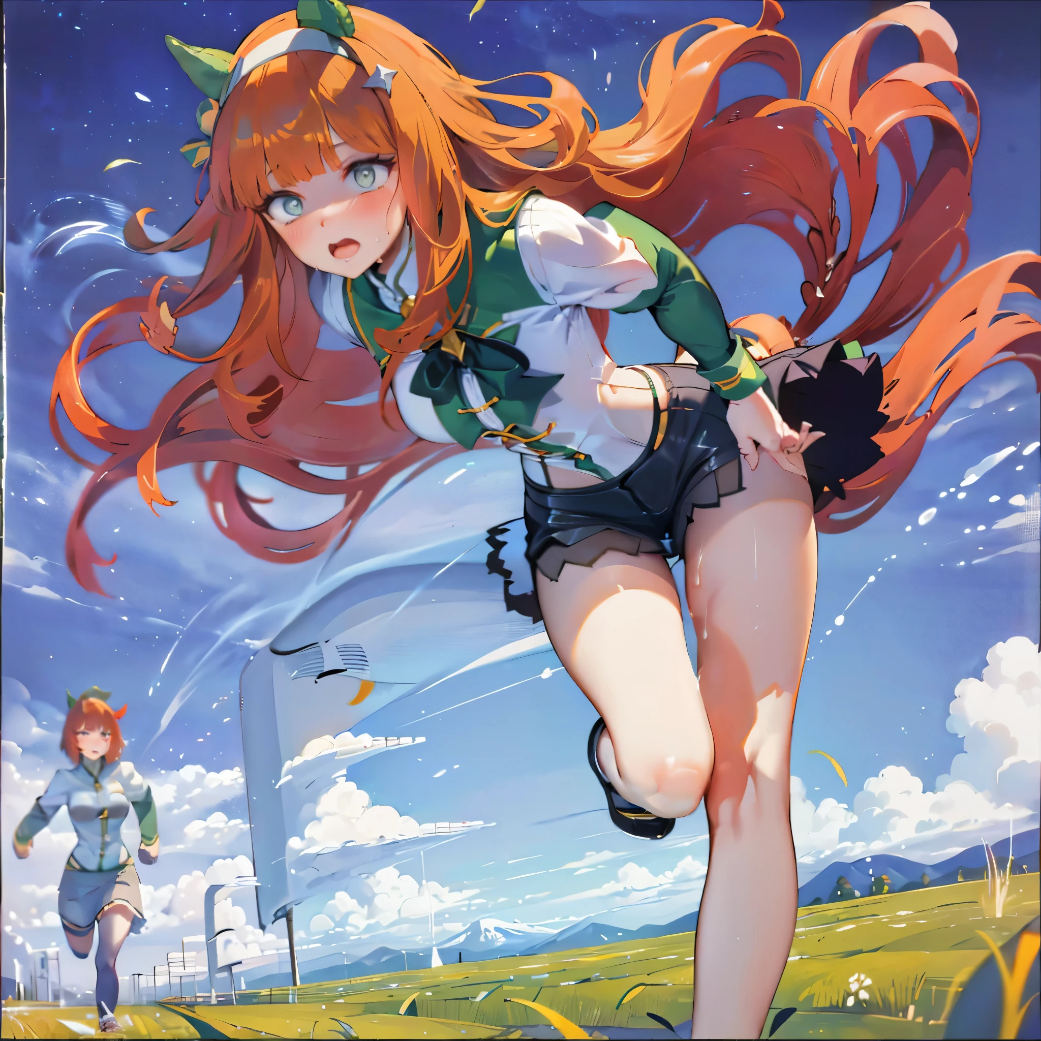 solo 1 girl (running at grass field), landscape, (too short miniskirt:1.25), (huge perky breasts:1.35), (bouncing breasts), short torso, inconceivably thin waist, miniskirt lifted by wind, (thin long legs), nose blush, open mouth widely, (nsfw:1.1), heavy breathing, (orgasm:1.6), pussy juice trail, (screaming:1.1)