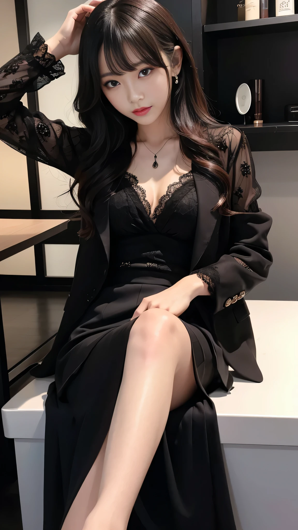 Super detailed、Japanese、charming beauty、Dainty woman、sharp eyes、cool girl、wavy hair、suit、Black chiffon dress、Jacket、blouse、Tight Skirt、black pantyhose、evil female executive、evil depravity、brainwashing、Mind control、lacy fabric、Shiny legs、lipstick、have lip gloss、grin、邪evilなな表情、evil、empty eyes、邪evilな、in the darkroom、lean back、seductive pose、meanwhile、
