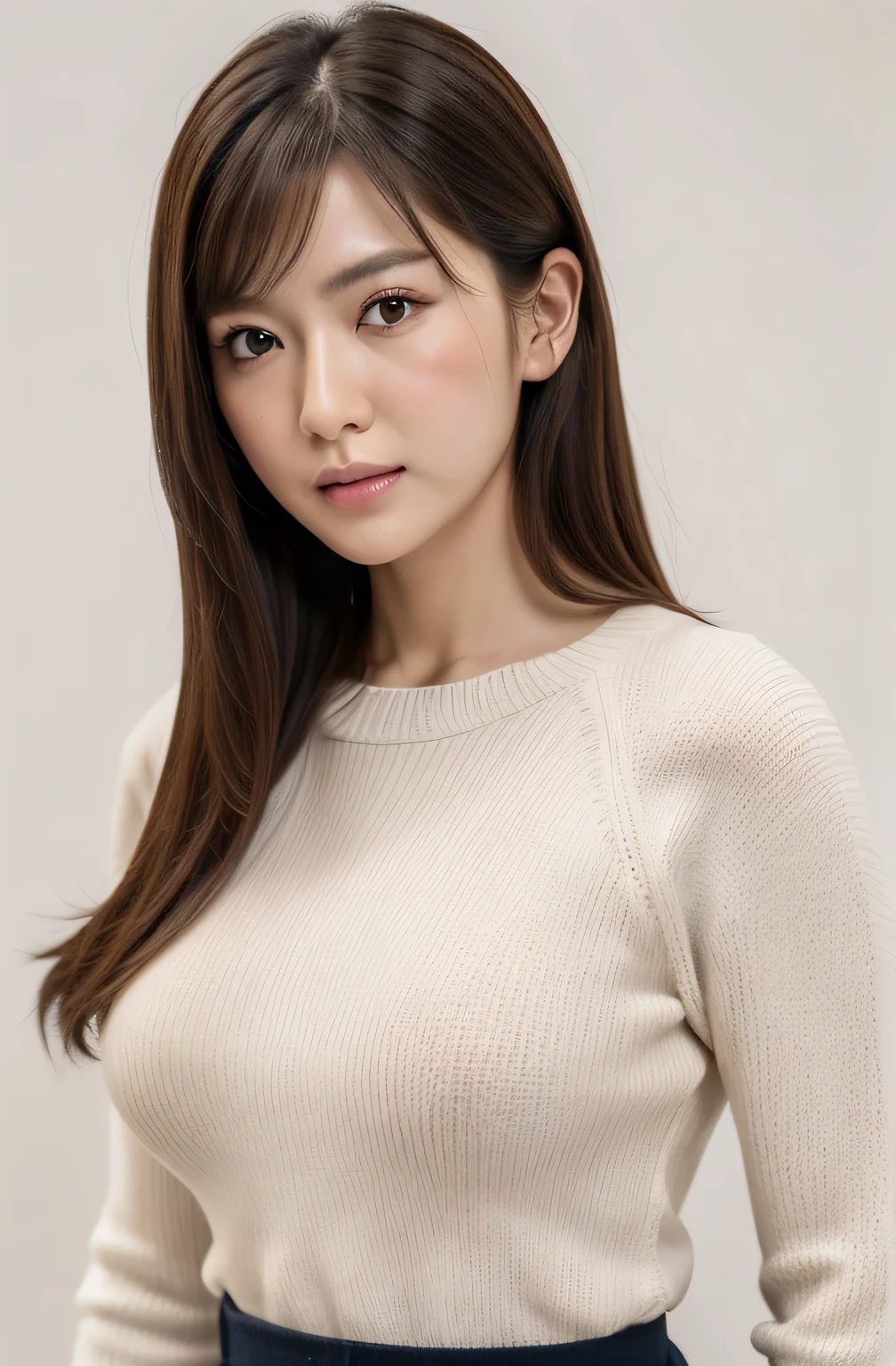 Masseter muscle part, highest quality, masterpiece, High resolution, Photoreal, RAW photo, 8k wallpaper, perfection, professional lighting, very detailed, written boundary depth,pale plain background, ((one beautiful woman)), ((20 years)), women sexy, detailed face, beautiful eyes, bangs, good shape big breasts, light brown straight hair, faint lips, ((stand in front、look at the audience, serious face eyes.)),sweater, skirt, cowboy shot