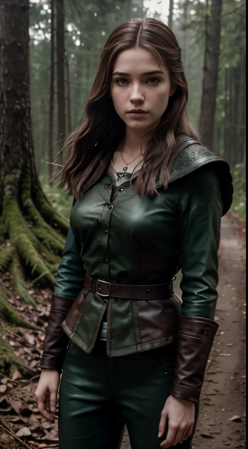 Foto hiperrealista en primer plano de Willa Fitzgerald, Create dystopian masterpieces. as a witcher, scene from the Witcher movie, the entire figure dressed in witcher style, in woods, beautiful woman, skinny, small breasts, straight brown hair, detailed face, photo taken from a distance, age 20 tears old