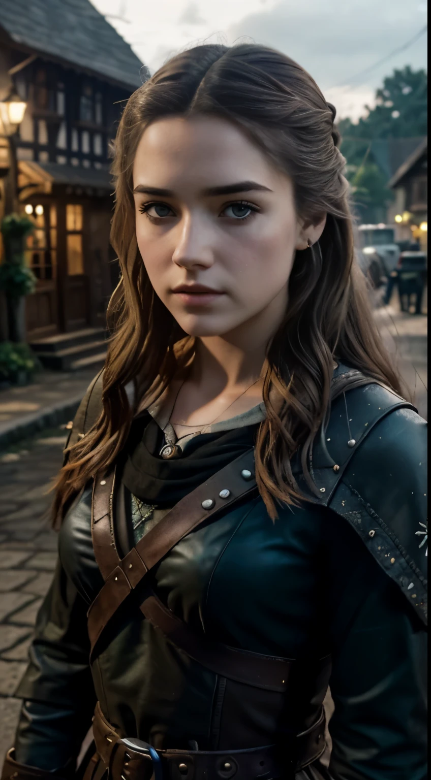 Foto hiperrealista en primer plano de Willa Fitzgerald, Create dystopian masterpieces. as a witcher, scene from the Witcher movie, the entire figure dressed in witcher style, outside of medieval inn, beautiful woman, skinny, small breasts, straight brown hair, detailed face, photo taken from a distance, age 20 tears old