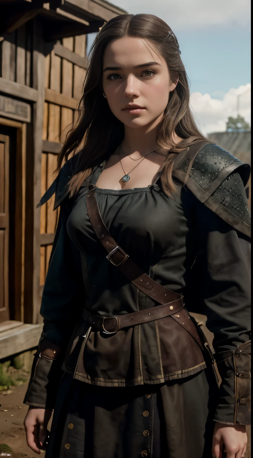 Foto hiperrealista en primer plano de Willa Fitzgerald, Create dystopian masterpieces. as a witcher, scene from the Witcher movie, the entire figure dressed in witcher style, outside of medieval inn, beautiful woman, skinny, small breasts, straight brown hair, detailed face, photo taken from a distance, age 20 tears old