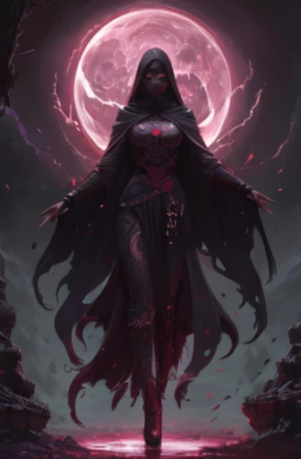 uma mulher com uma capa preta e uma capa vermelha fica na frente de uma bola rosa, arte de estilo fantasia sombria, feiticeira negra full view, feiticeira negra, Necromante bonito, espectro de capuz escuro, arte de fantasia sombria, Feiticeira necromante, Arte conceitual de fantasia sombria, feiticeira malvada, arte de fantasia sombriawork