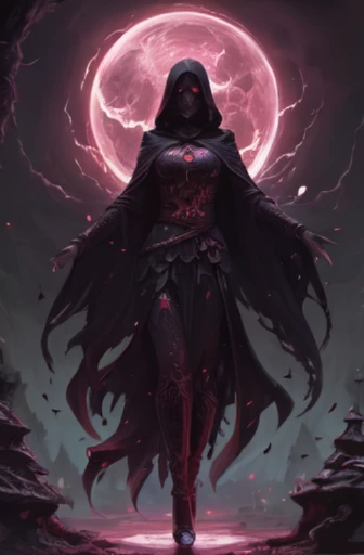 uma mulher com uma capa preta e uma capa vermelha fica na frente de uma bola rosa, arte de estilo fantasia sombria, feiticeira negra full view, feiticeira negra, Necromante bonito, espectro de capuz escuro, arte de fantasia sombria, Feiticeira necromante, Arte conceitual de fantasia sombria, feiticeira malvada, arte de fantasia sombriawork