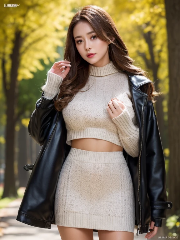 master piece,E-commerce shooting,best quality,8K,official art,cinematic light,ultra high resolution,1 huge breasts,,mature,solo,gem,mini skirt,brown long hair,looking at the viewer,sweater,ニットsweater,brown hair,with brown eyes,nature background,Jacket,leeves on wrist,ハイネックsweater,long sleeves,Tart,Jacket