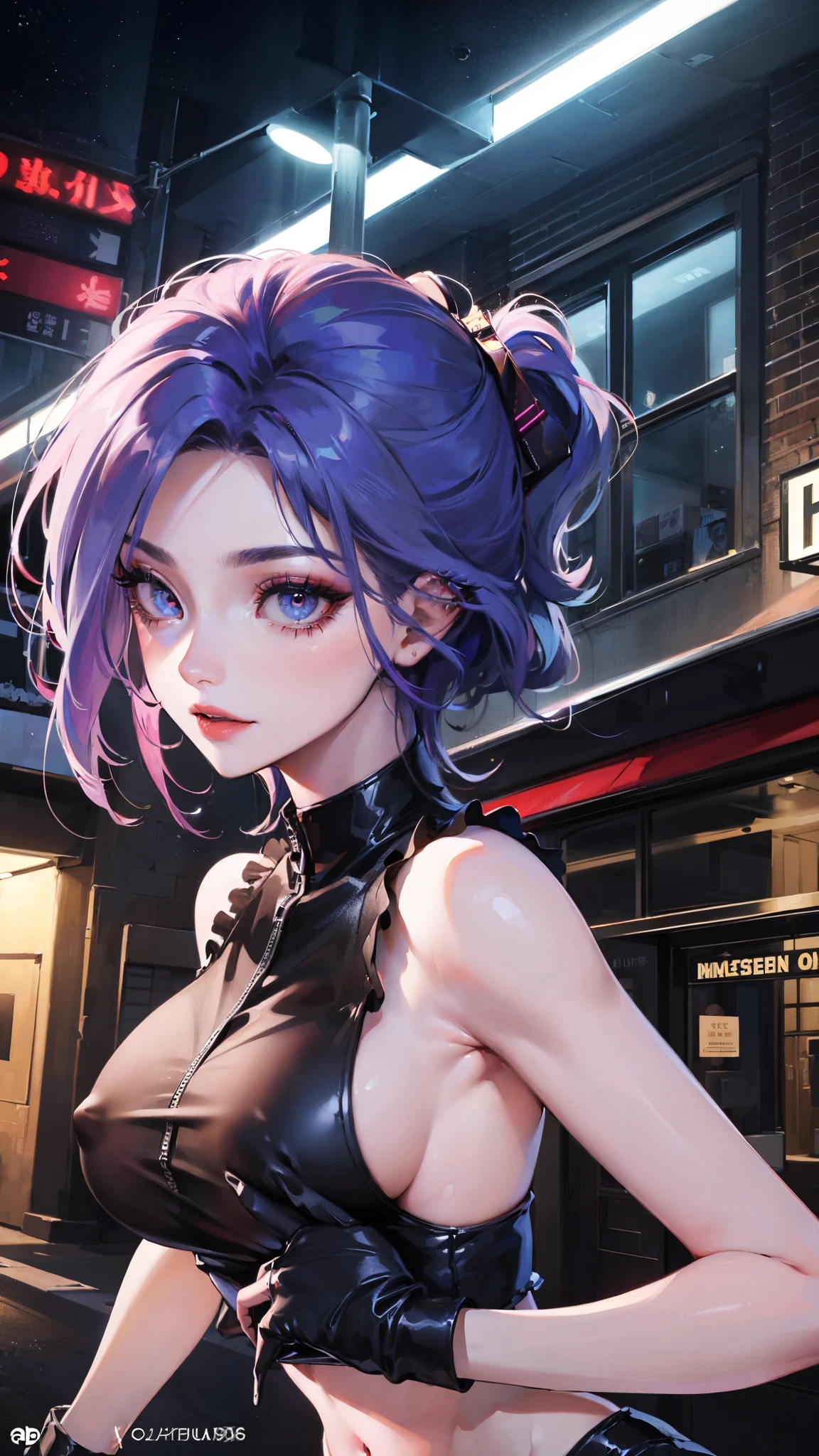 Jinx, Fleshy thighs, Instagram pose,Dynamic angle, ((Sleeveless shirt,Sleeveless)), ((Nipples, C cup)), Happy expression, (entire body image:1.5), (8K, Best quality, A high resolution:1.35), (RAW photo:1.2), (Photorealsitic:1.37), (Masterpiece: 1.25), Dramatic lighting, photon maping, Radio City, symmetry, Complexity, Elegance, (1 girl), Large of breast, (Long eyelashes), (detailed eyelashes), (eye shadows), (glowing eyes), ((Natural makeup, Clear facial features)), curvy build, (Showing stomach), (Fine detailed beautiful eyes: 1.2), Bad girl, Erotic, (((Street background, Night City, Night)))