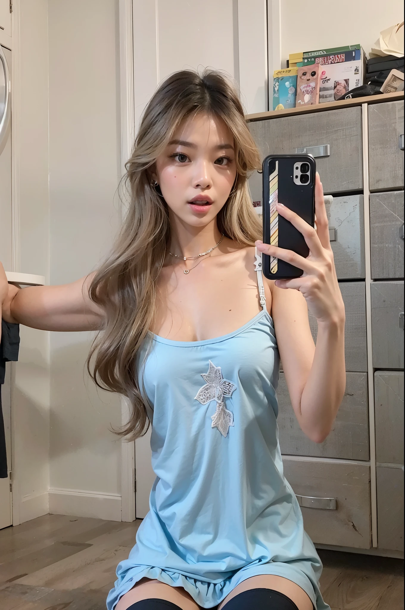 There's a woman sitting on the floor taking a selfie, com cabelos longos brancos, com cabelo comprido, posando em um quarto, vestindo uma camisola, jennie kim, vestindo um top fofo, vestindo uma camisola and boots, roupa azul claro, com longos cabelos brancos, vestindo uma camisola and shorts, blackpink jennie, kim jennie