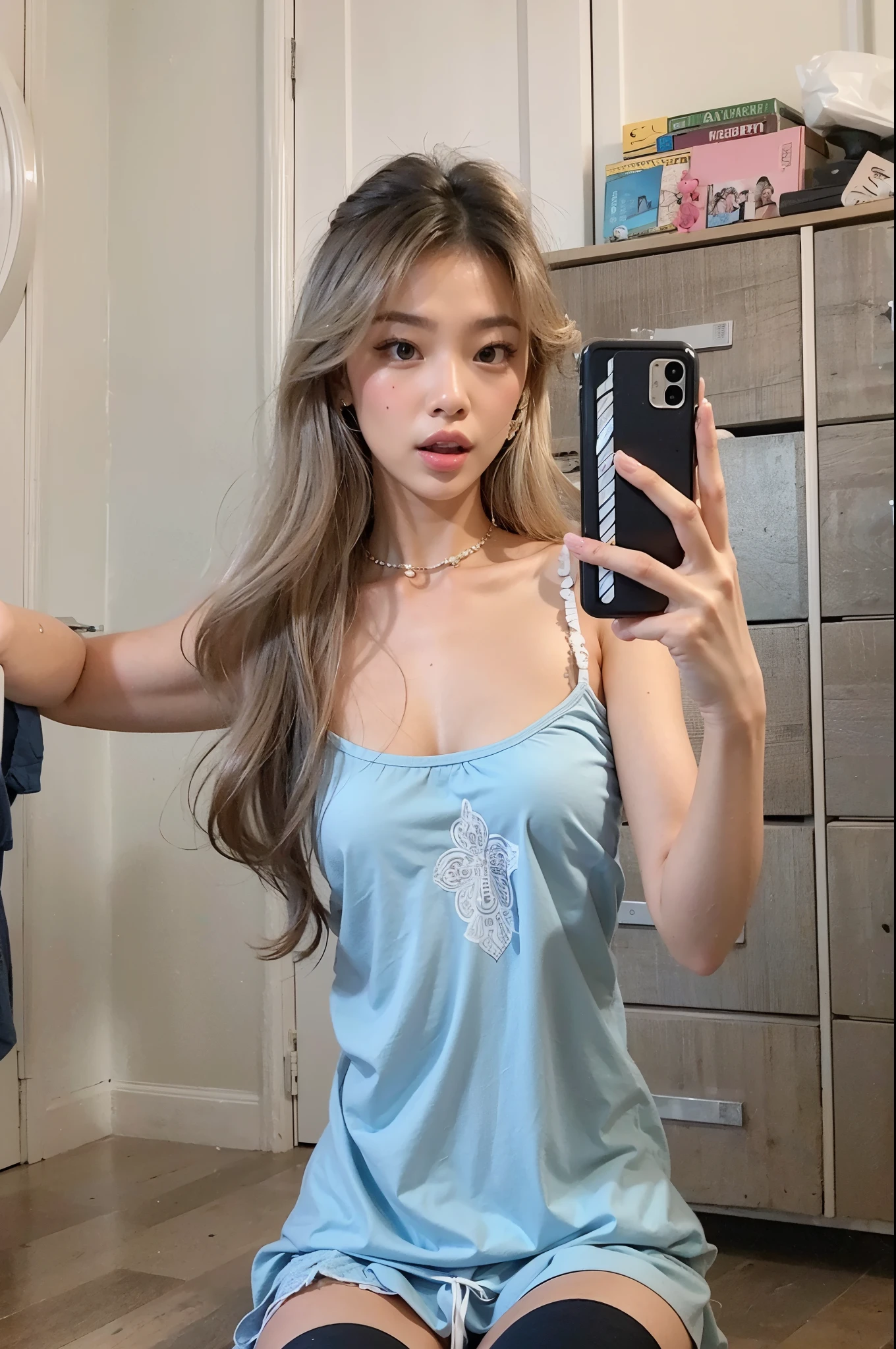 There's a woman sitting on the floor taking a selfie, com cabelos longos brancos, com cabelo comprido, posando em um quarto, vestindo uma camisola, jennie kim, vestindo um top fofo, vestindo uma camisola and boots, roupa azul claro, com longos cabelos brancos, vestindo uma camisola and shorts, blackpink jennie, kim jennie