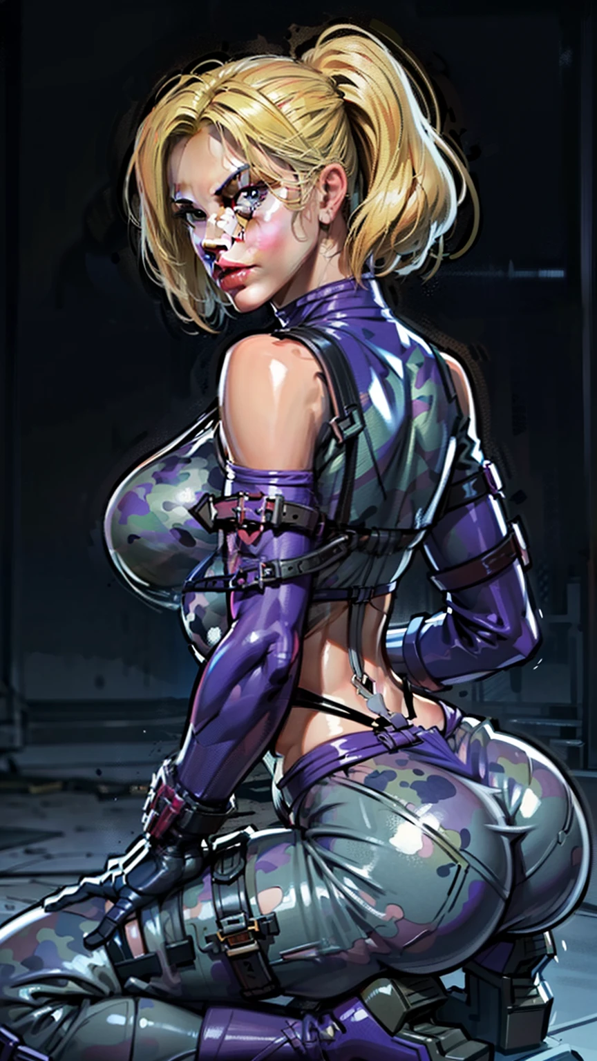  Generate an illustration of a mature Nina Williams, 1girl, looking slightly to the side, laying on knees, view from behind, perfect ass, ((Tekken)), blonde hair , (aletta ocean face), de terno preto, (bikini:1.3), ponytail hair, (large breasts:1.4), in anime format with a serious style, (purple camo bodysuit), ((purple bodysuit)), boots, gothic make up, masterpiece, ((dark lighting)), black background, (puffy lips),((slendered abs)), beautiful face,