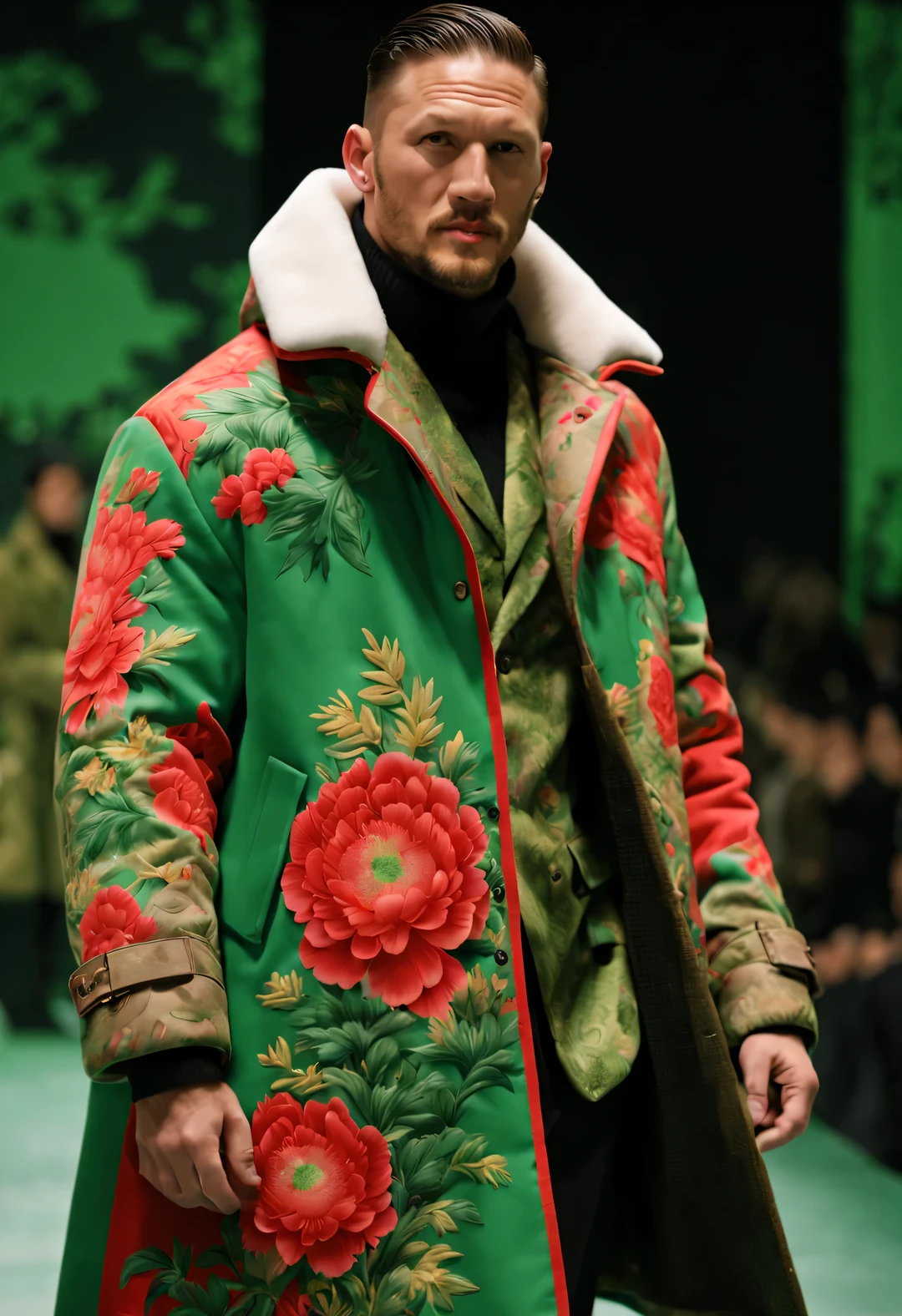 Dan Mumford style，On the fashion show, Tom Hardy, Tall fit male model, (Wearing a thick cotton coat made of red and green peony cloth: 1.34), (Extra long cotton military coat: 0.65), Has warmth、Windproof cotton coat, peony flower, Leaves, Embroidery with Suzhou red and green peony pattern as the theme, (Tan fur coat collar), (tibetan shaman jewelry), complex mixed styles, (Gentlemanly manners), Embroidered Su Embroidery Big Red Parka Snow Coat, woolen hat, (exceed) coat jacket, big duckbill hat, (Black Sweater, winter scarf warm scarf), gloves gloves, belt, Cotton boots, sunglasses, Combat boots, sports shoes, big photography,
background: Heavy snow on indoor T-shaped track, T-shaped platform, depth of field, Ultra-clear, super high quality, Bottom-up perspective,