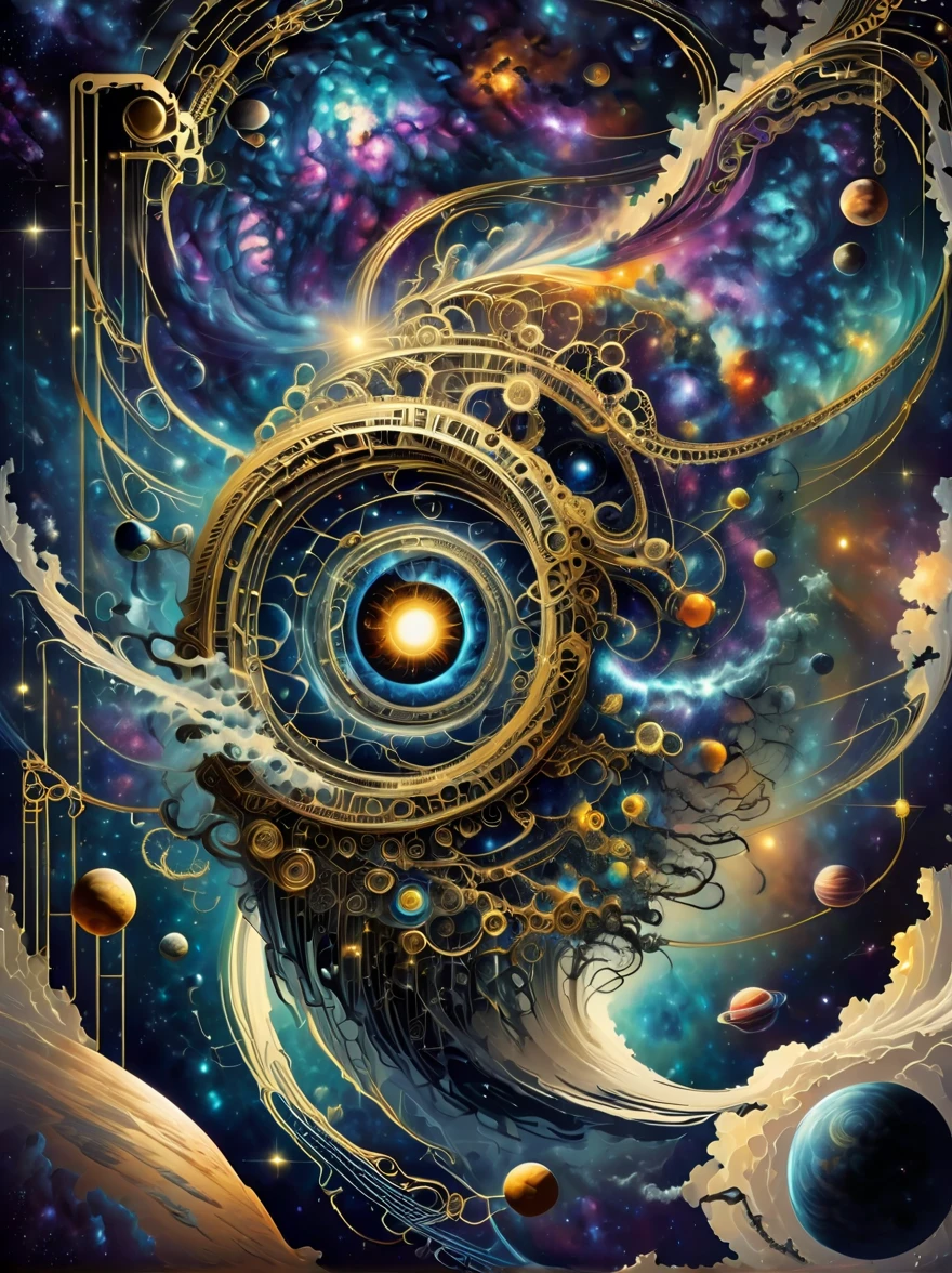 ((optical illusion art style:1.8)),combine eyes、starry sky、universe、galaxy、Ladder、technology、Elements such as machinery and chains,Create an optical illusion art piece。The composition should be sophisticated and sophisticated,Featuring geometric shapes and patterns,Connect these elements together in a way that creates a strong visual illusion。Artwork should have the eye as the central element,周围描绘universe和galaxy,并将先进technology和机械元素交织在一起。Ladder可能由链条或机械部件制成,Different parts of the image should be connected,Unaffected by gravity and perspective。The overall design should be mesmerizing,dazzle the viewer、Disorientation,Has a strong sense of optical illusion。