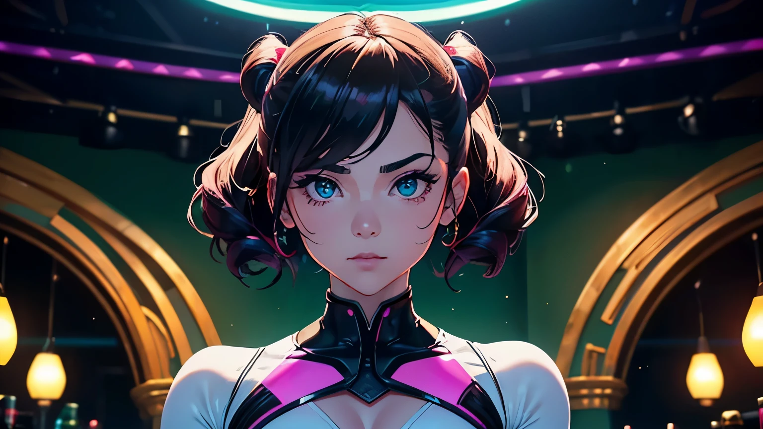 wide shot, 4K, A high resolution, Best quality at best, tmasterpiece, perfect colors, perfect shadow, perfect litthing, ((sportrait)), fit-muscled body, bright green eyes,With round lenses, The audience watched carefully, (s face: 1.2), Perfect female figure,), ((synthwave suit)), ((looking at viewert)), (Perfect thick white eyebrows) Delicate fur, 详细s face, s the perfect face, At a in an underground dance club , (Drink a glass of wine while standing), Comfortable background, perfect decoration, lighting atmosphere, ((Bonifasko lighting)), (The round lenses on his eyes)(詳細な目), Perfect student