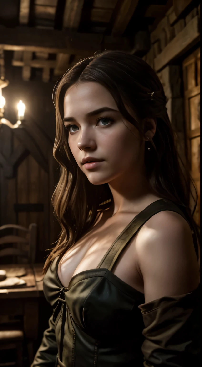 Foto hiperrealista en primer plano de Willa Fitzgerald, Create dystopian masterpieces. as a witcher, scene from the Witcher movie, the entire figure dressed in witcher style, inside a medieval inn, beautiful woman, skinny, small breasts, straight brown hair, detailed face, photo taken from a distance, age 20 tears old