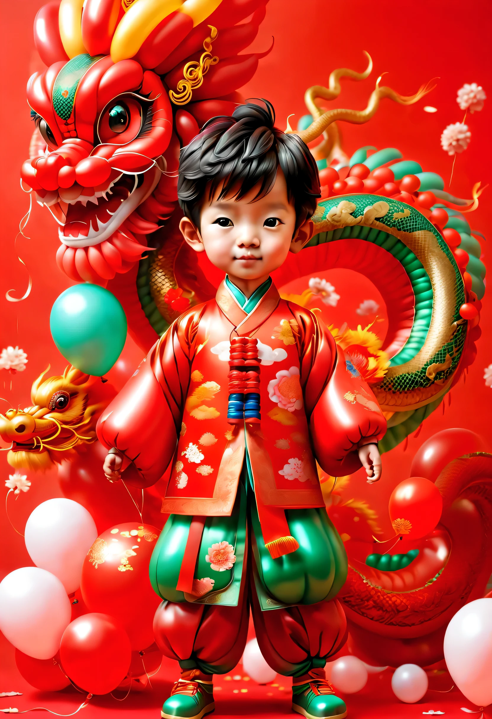 ((1 cute and festive rich and colorful red balloon Chinese dragon and a balloon 3 year old little boy, Wearing traditional Chinese clothes made of balloons, Spring Festival, firecracker, Xiangyun, red background)), Cute and detailed digital art, charming数字, charming气球企鹅, charming detailed artwork, charming 3d 渲染, The numbers are very detailed, Cute and rich and colorful, charming, Highly detailed digital artwork, Rich in details、rich and colorful