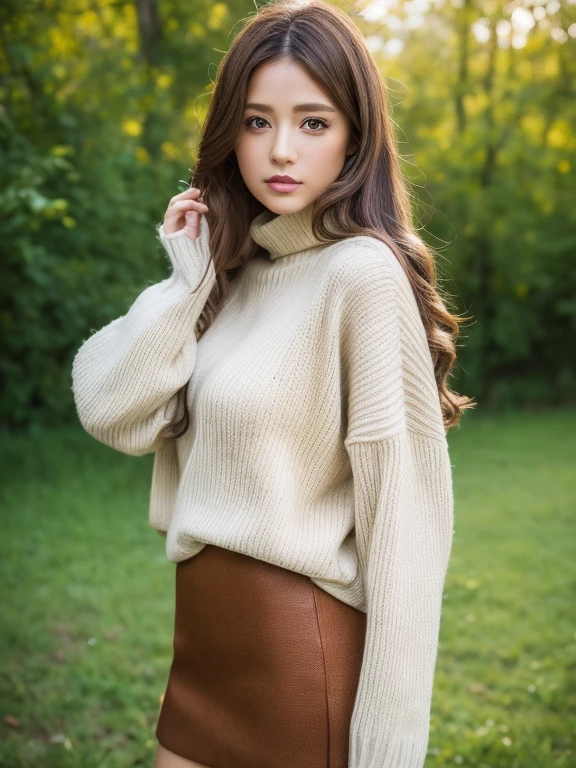 master piece,E-commerce shooting,best quality,8K,official art,cinematic light,ultra high resolution,1 huge breasts,,mature,solo,gem,mini skirt,brown long hair,looking at the viewer,sweater,ニットsweater,brown hair,with brown eyes,nature background,Jacket,leeves on wrist,ハイネックsweater,long sleeves,Tart,Jacket