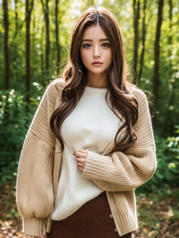 master piece,E-commerce shooting,best quality,8K,official art,cinematic light,ultra high resolution,1 huge breasts,,mature,solo,gem,mini skirt,brown long hair,looking at the viewer,sweater,ニットsweater,brown hair,with brown eyes,nature background,Jacket,leeves on wrist,ハイネックsweater,long sleeves,Tart,Jacket
