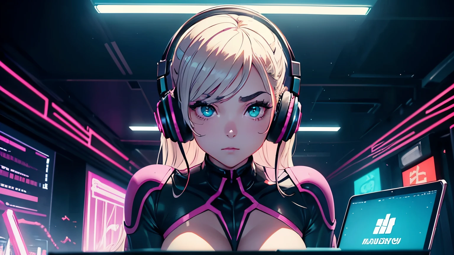 wide shot, 4K, A high resolution, Best quality at best, tmasterpiece, perfect colors, perfect shadow, perfect litthing, ((sportrait)), fit-muscled body, bright green eyes,With round lenses, The audience watched carefully, (s face: 1.2), Perfect female figure,), ((synthwave suit)), ((looking at viewert)), (Perfect thick white eyebrows) Delicate fur, 详细s face, s the perfect face, At a in an underground dance club , ( listening to music with 1 headphones and working on her laptop computer), Comfortable background, perfect decoration, lighting atmosphere, ((Bonifasko lighting)), (The round lenses on his eyes)(詳細な目), Perfect student