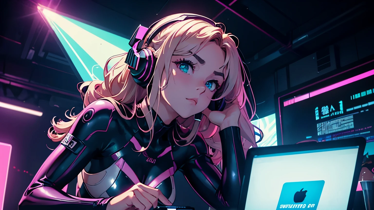 wide shot, 4K, A high resolution, Best quality at best, tmasterpiece, perfect colors, perfect shadow, perfect litthing, ((sportrait)), fit-muscled body, bright green eyes，With round lenses, The audience watched carefully, (s face: 1.2), Perfect female figure,）， ((synthwave suit)), ((looking at viewert)), (Perfect thick white eyebrows) Delicate fur, 详细s face, s the perfect face, At a  in an underground dance club , ( listening to music with 1 headphones and working on her laptop computer), Comfortable background, perfect  decoration, lighting atmosphere, ((Bonifasko lighting)), (The round lenses on his eyes)(詳細な目), Perfect student