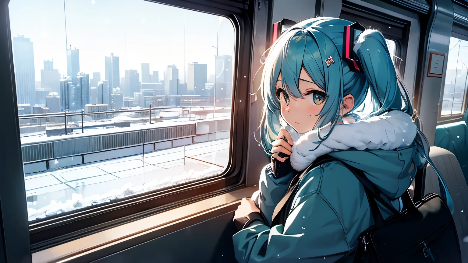 Hatsune Miku。on the train。Winter scenery from the car window。araffe sitting on a bench looking out the window at a snowy city, cold snow outside, looking out the window, In winter, cold winter, Lonely girl waiting for train, looking out the window, cold, looking out the window, looking out the window, winter time, cold weather, In winter, look out, 開いている窓のlook out, winter setting