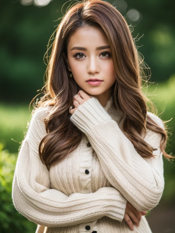 master piece,E-commerce shooting,best quality,8K,official art,cinematic light,ultra high resolution,1 huge breasts,,mature,solo,gem,mini skirt,brown long hair,looking at the viewer,sweater,ニットsweater,brown hair,with brown eyes,nature background,Jacket,leeves on wrist,ハイネックsweater,long sleeves,Tart,Jacket
