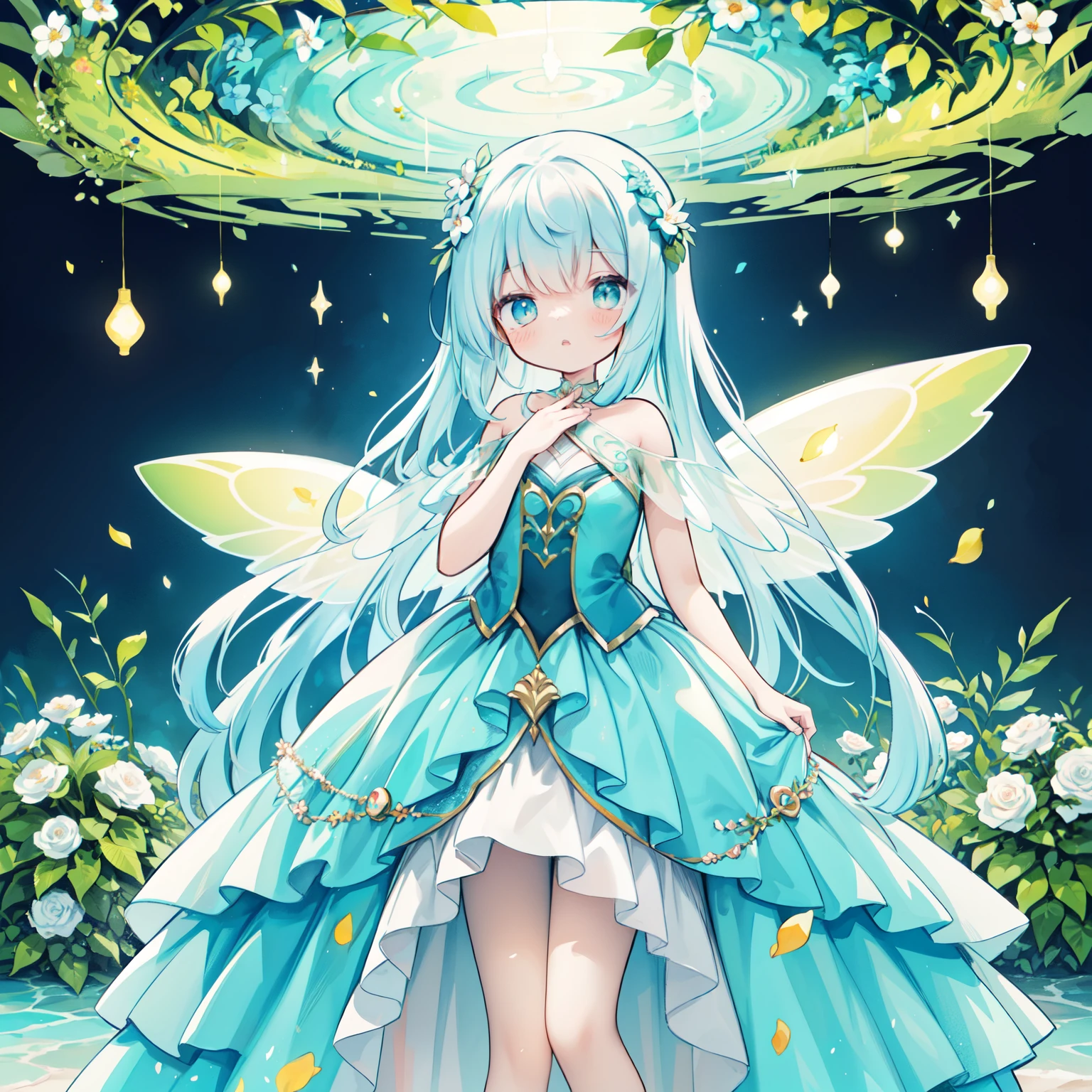 
,  high-resolution, ultra-detailed, best quality,(パステルカラー:1.3)、(キュートイラスト:1.3)、(水彩画:1.1)、beautiful girl in tiered gradient ballgown dress, gradient warm color ballgown, ((layered flower petal skirt)), fairy dress, fairy queen, magical forest background, (glowing fairy wings), glowing flowing ballgown, long wavy hair, sparkling fairy wings, watercolor illustration, flowers and colorful plants, inspired by Glen Keane, inspired by Lois van Baarle, disney art style, by Lois van Baarle, glowing aura around her, by Glen Keane, jen bartel, glowing lights! digital painting, flowing glowing hair, glowing flowing hair, beautiful digital illustration, fantasia otherworldly landscape plants flowers, beautiful, masterpiece, best quality, anime disney style、ハッピースマイル、厚手のウールガウン：0.4
