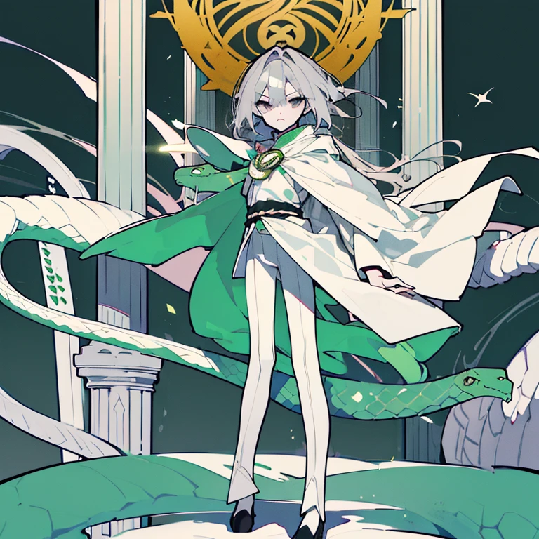 (Golden Ratio:1.2),[(celadon background:1.4)::10],(masterpiece), (best quality), (ultra detailed),(disheveled hair),(illustration),1 girl,solo,full body,black eyes,Elongated eyes,Light eye shadow,grey hair,long straight hair,cross bangs,The sea covers one eye,((Asymmetrical haze)),long eyelasher,(The body of the tall),(Slender legs),((/emotionless:1.3))/,unblush,pale skin,(A suitable black suit:1.3)+(Cloak in Phnom Penh:1.3)+(White cape coat:1.4),The lower half of the face is covered by a cape coat,((In his left hand is a snake-belly sword)),The black sword body reflected a silver flash,The blue tide appears with the swing of the snake-belly sword,(Roll sword/(Serpentine sword)/:1.3),(athletic body:1.2),(Standing in the silver snow:1.2)+(Ivory white temple load-bearing columns:1.3)+[(Inception:1.2)],UHD, retina, anatomically correct, textured skin, super detail, best quality, highres