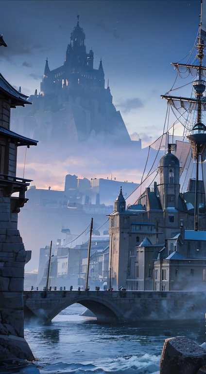 Port of a medieval town with caravels, wet stone, dramatic light, discreet, photorealistic, (stone pier) cinematic lighting, volumetric lighting, dark atmosphere, background with a mountain and a giant silver moon in the sky