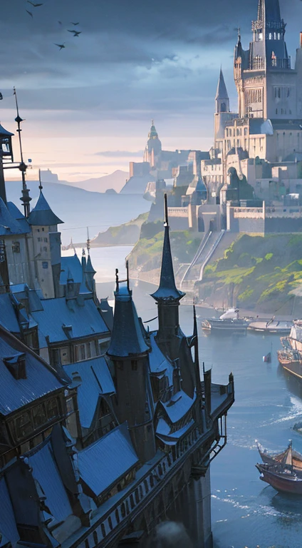 Port of a medieval town with caravels, wet stone, dramatic light, discreet, photorealistic, (stone pier) cinematic lighting, volumetric lighting, dark atmosphere, background with a mountain and a giant silver moon in the sky