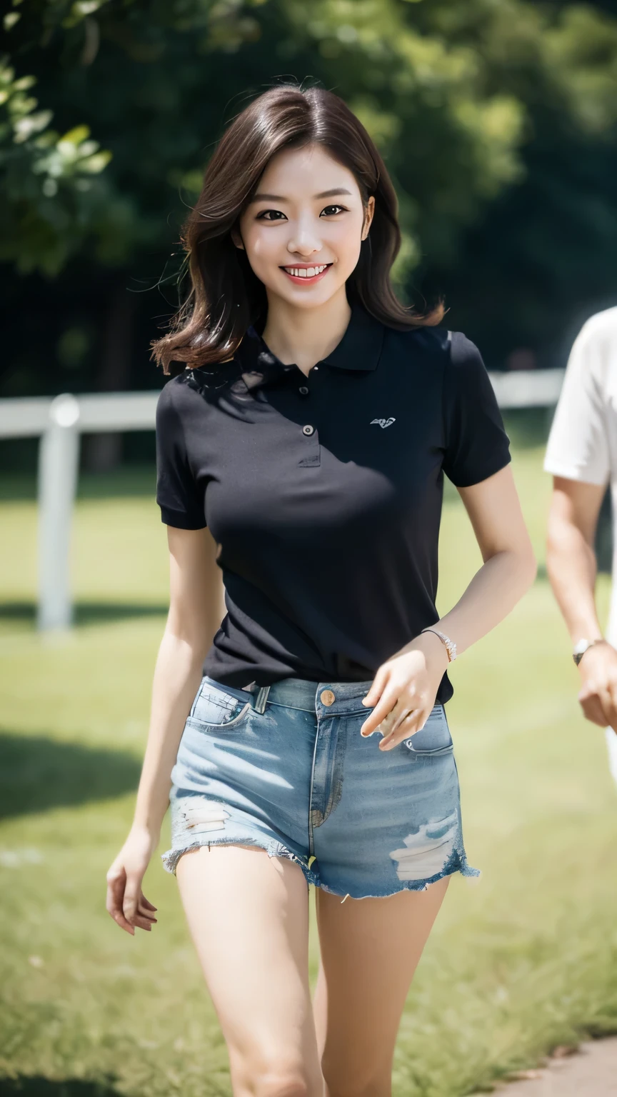 masterpiece, black hair, pure background, beautiful, elegant. Ultra-fine details, masterpieces, realistic textures, realistic cinematic lighting, perfect work, 8k, HD, delicate facial features, full body, Wavy auburn tresses, Casual polo shirt and shorts, Active walking pose, Bright smile