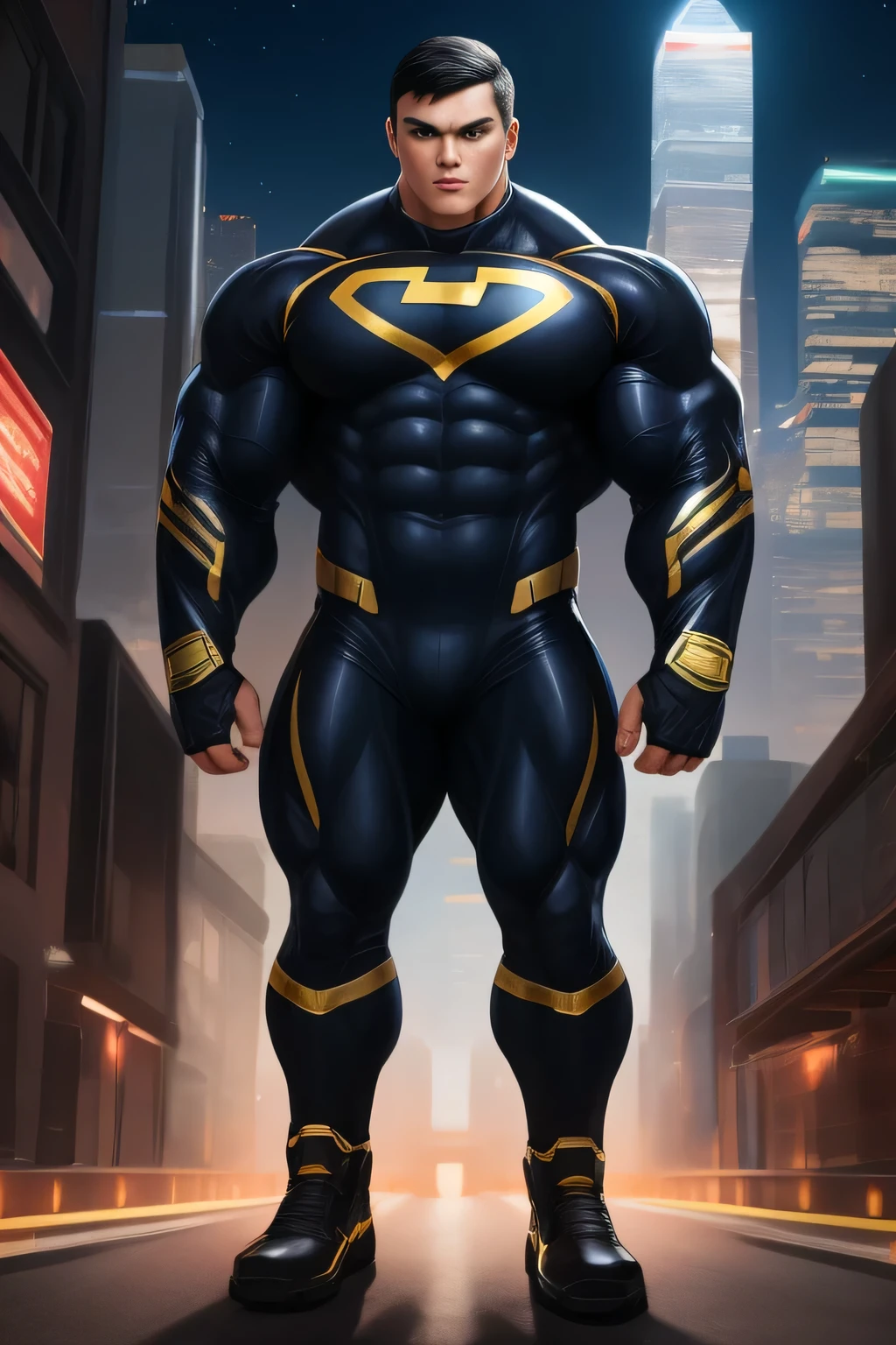 Competitive  bodybuilder pro, nj5pielry, (human boy, Massive, manly, huge, muscular, Gigachad), boy, very attractive boy, mexican ethnicity.  , . ((Extremely realistic shadows, Masterpiece, extremely detailed, photorealistic)), human, hornless, mischievous expression, Without beard, white teeth, ((Detailed face)) nose, brown eyes, ((detailed eyes, delicate eyes, realistic eyes)), tanned skin. Conan Exiles Style, standing front, young superhero (young face) ready to fight, top rated pixiv, wears a Bodysuit,  chiseled abs, chiseled pecs, 470 kgs, front view, even shoulders, perfect massive muscles, inflated muscles, voluminous pectorals, massive muscular body, a huge gigantic chest with a narrow waist, huge shoulders, ridiculously well-shaped large pecs, eight chiseled abs, arms thick as trunks and formidable thighs. (very toned and huge) hhis ridiculously broad shoulders, his absurdly wide back and his indecently muscular backs of arms, thick and defined thighs, huge and very voluminous and bulging pectorals;  A muscular bodybuilder in the . A potential competitive bodybuilder. Even the back of his head was hot, with his jet black military haircut and voluminous neck, narrow waist, superhero, Jet Black hair, military haircut, white sclera, blue eyes, no horns, d&d character, brave superhero, human, handsome face, young. City background, skyscraper, futuristic city, night, stars, night lights, skill image, looking to the viewer, hero whose presence inspires trust and respect. (((His hero suit is black and gold.)))