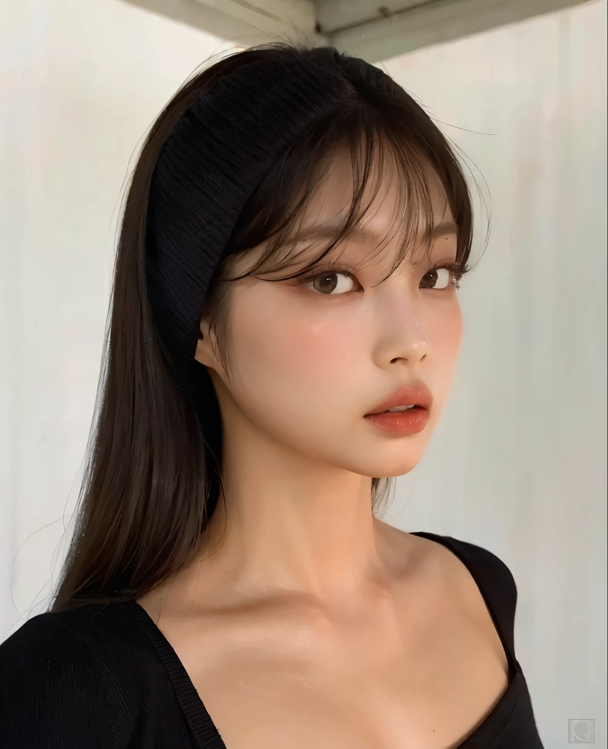 A closeup of a woman wearing a black top and a black headband, she has black hair com franja, linda mulher coreana jovem, neat hair com franja, long franja reta, franja reta, com franja, Mulher sul-coreana bonita, franja contundente cai em sua testa, mulher coreana jovem bonita, long hair com franja, Lalisa Manobal, long black hair com franja