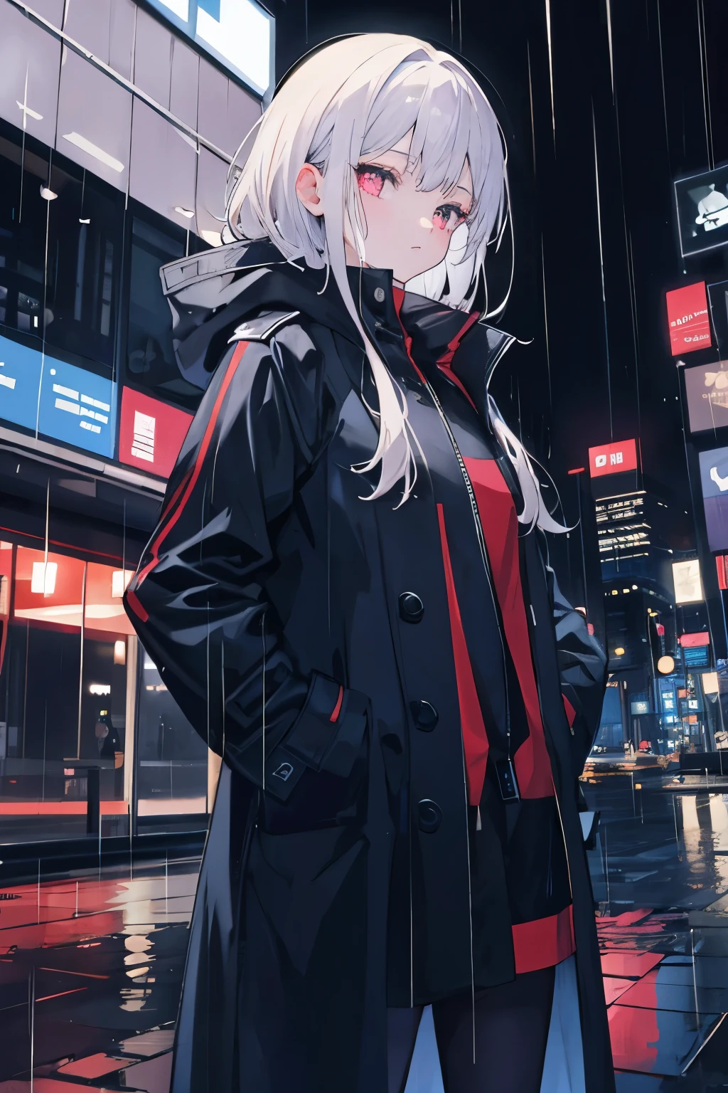 1girl,night city,rain,coat,hands in pockets