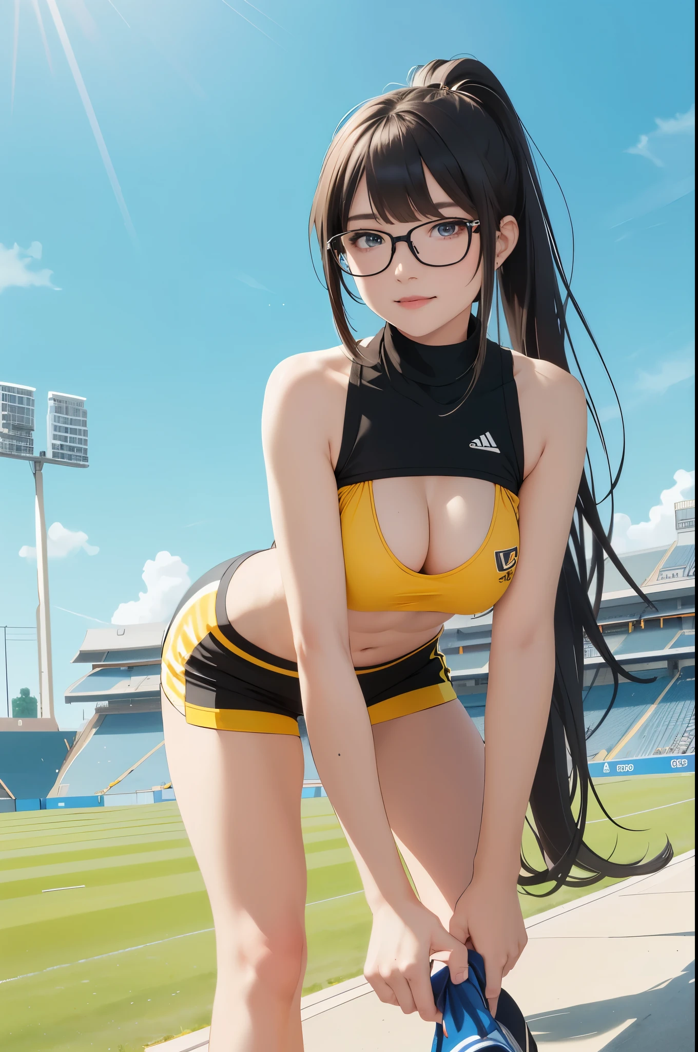 Beautiful female runner, , preparing to practice running, bending over to tie shoelaces, black hair, ponytail, bangs, smile a little, wearing glasses, ((wearing a sleeveless sports bar, turtleneck, black shorts and yellow, (underboob))), The stomach has sexy lines, yellow running shoes, in the stadium stands, anime, high resolution