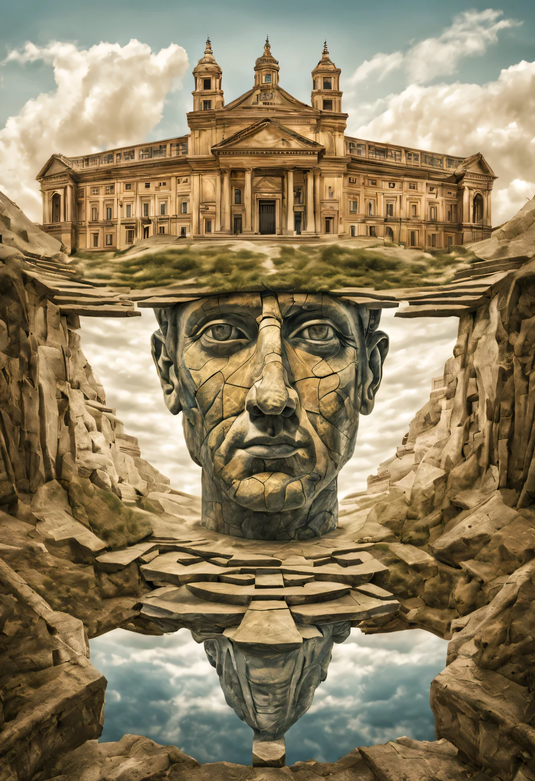 Image with Blivet effects, Surreal images with optical effects, double objects, Landscape drawing with ancient buildings, forming a human face, Optical illusions