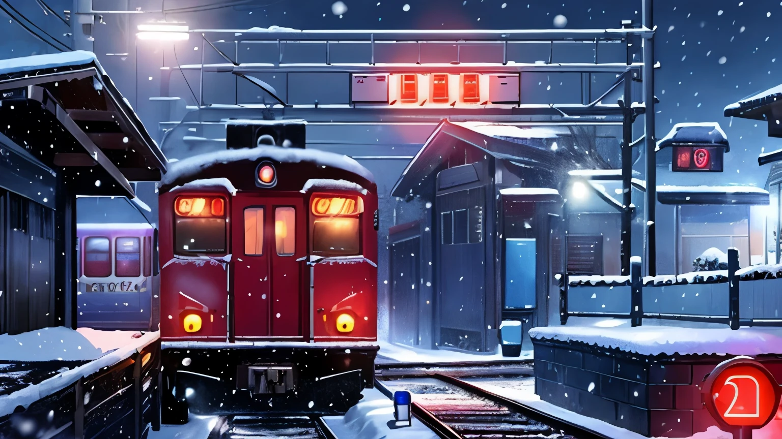 Arafed train on track with red lights in snowy area, beast, train in the background, Cold blue lighting, it's snowing, Happy!!!, 🚿🗝📝, Photo taken on 2020, 8K)), tw, winter setting, snowy night, station, train, ❤🔥🍄🌪, Cold blue light