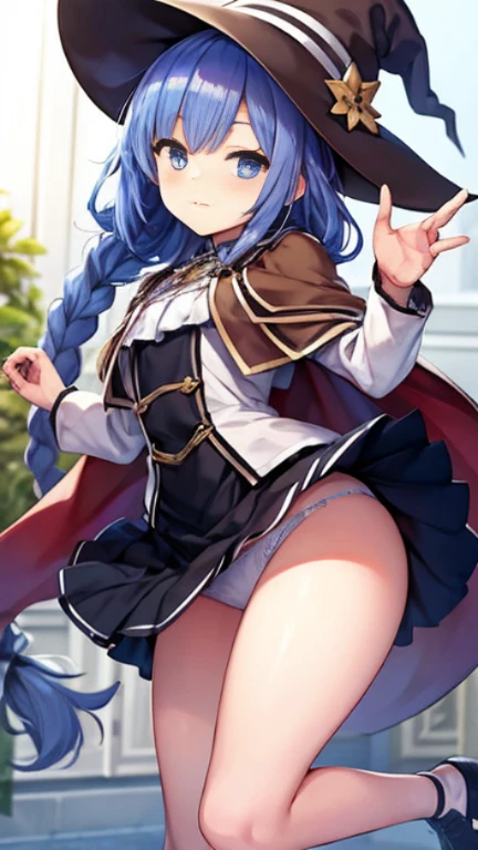 highest quality、one girl,full body figure,child、Perfect five-finger、two perfect legs、two perfect legs、Roxy Migurdia、blue eyes, blue hair, bangs, brown cape, witch hat, braid,、shy face、perfect thing、detailed description、small details、detailed face、white skin、Voluptuous legs、Skirt flip、lift skirt、White panties、whitepanty、Looking back at erotic poses、turn around、Pose that emphasizes the buttocks