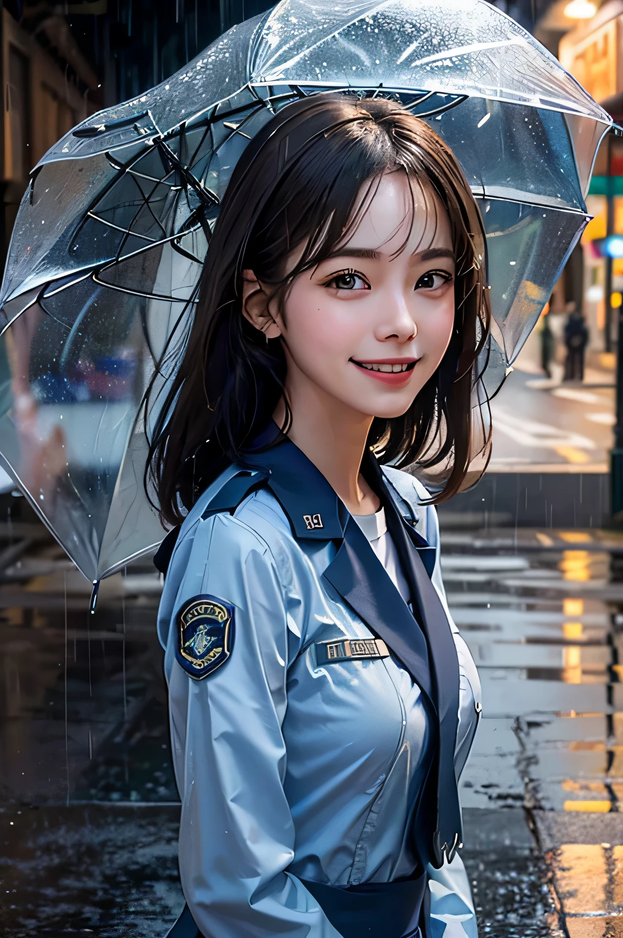 Realistic portrait of a girl wearing a United States Air Force uniform smiling in the rain without an umbrella. depth of field, Mitigating effect, Reflections of light on the sidewalk add depth to the piece. in front view, She stood under a street lamp, The lights in the shop windows are around her, Express the emotion of joy.
