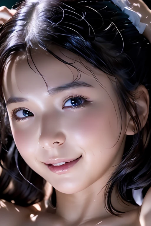 Beautiful girl with realistic black eyes, white skin, medium length black hair, perfect face, perfect eyes, very detailed, comprehensive movie, digital painting, 8K, cinematic lighting, highest quality, High resolution, detailed work, Post-processing, perfect results, surreal,breast enhancement