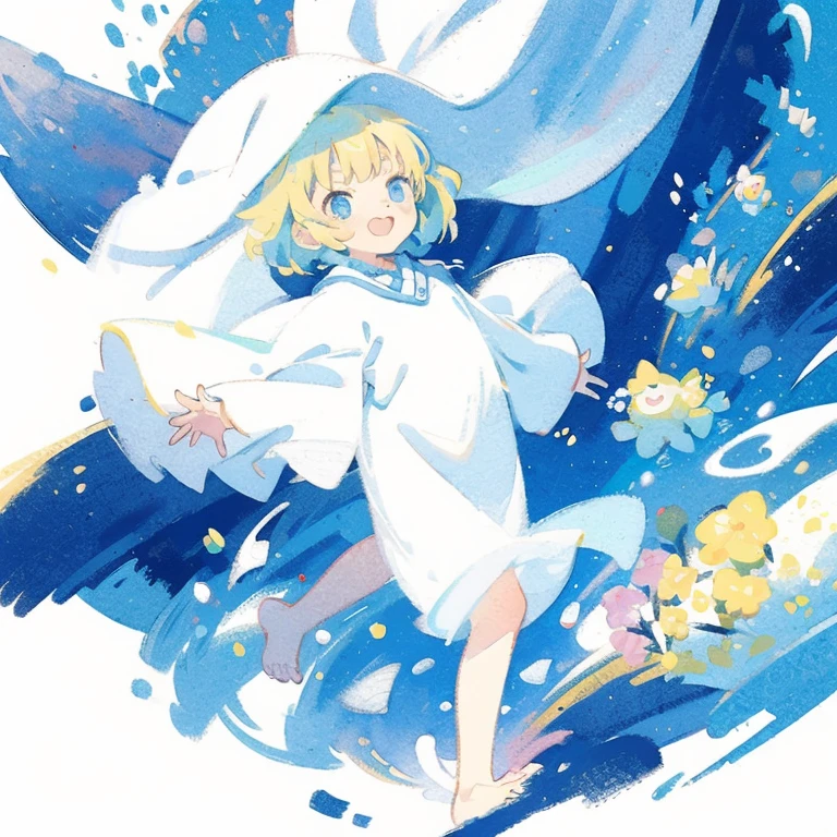 (best qualtiy)、(masterpiece:1.2)、(colourfull:0.9)、((Ink splashing))、(Color scattering)、(watercolor paiting)、Crisp focus、model shot、(((fullllbody)))、13yo girl、(Summer portrait:1.5)、Cute look、Elegant light blue hair、beautiful detailed face and eyes、Cute clothes、((Dreamland Background))、Dreamland cityscape、Dancing happily