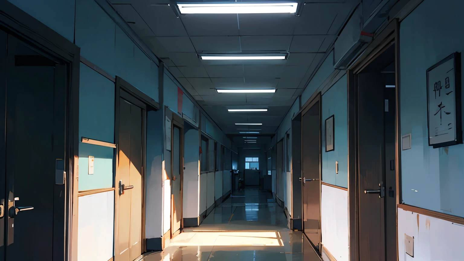 hospital interior,Nurse station,corridor,dark,Breakage,doomsday scene,Two-dimensional style,Japanese anime style,dark,The lights are gray