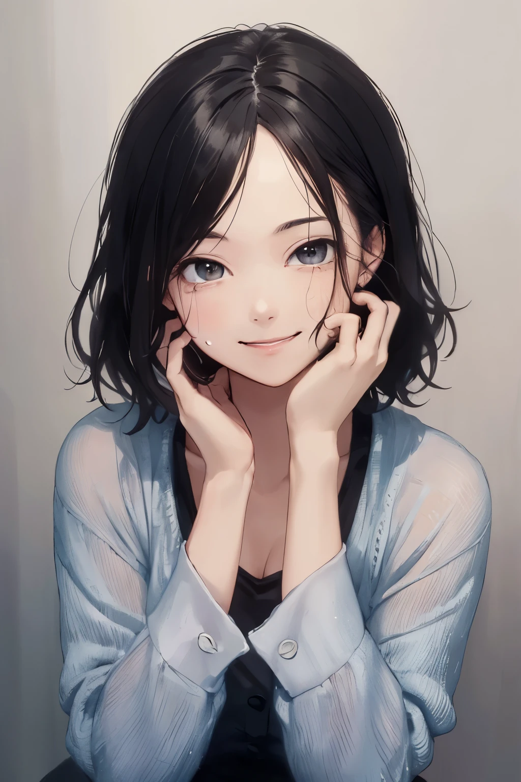 ((highest quality)), ((masterpiece)), (become familiar with), perfect face is sad　Are crying　girl　dark room　one piece　sitting　black hair　I'm looking straight over here　smile　