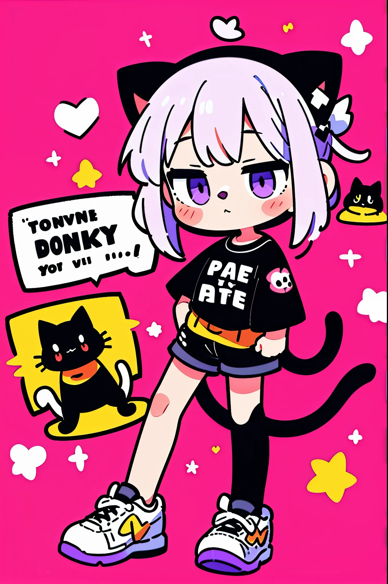 This is an illustration,Showing a girl and her cat。The girl has long purple hair,Wearing red hair accessories。She was wearing a white T-shirt,it has the word &Quote;Ed&Quote; printed on it,Pair with dark shorts and sneakers。Surrounded by cats with different expressions,like a black cat、white cat ETC.。background is purple,And there are many decorative elements,heart-shaped、Star、lightning, ETC。The overall style is very cute,bright colors。
