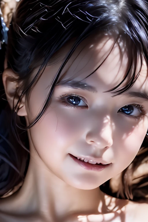 Beautiful girl with realistic black eyes, white skin, medium length black hair, perfect face, perfect eyes, very detailed, comprehensive movie, digital painting, 8K, cinematic lighting, highest quality, High resolution, detailed work, Post-processing, perfect results, surreal,breast enhancement