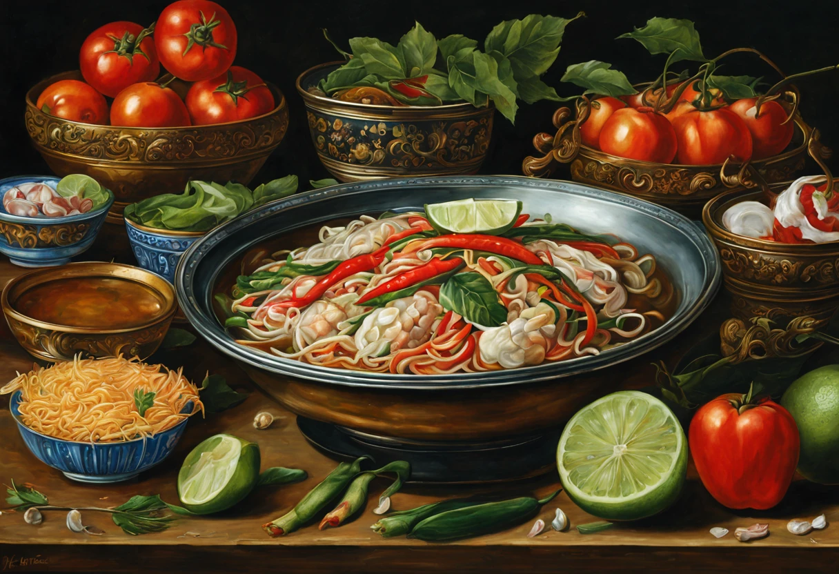 Thai street food ,Som tam,still life painting, ,Baroque still-life painting, Flemish still-life painting,Clara Peeters
(tmasterpiece, best qualtiy, A high resolution: 1.4), A detailed, Complicated details, 4K,, ,Solid,full body portrait painting,renaissance painting,,detail hand