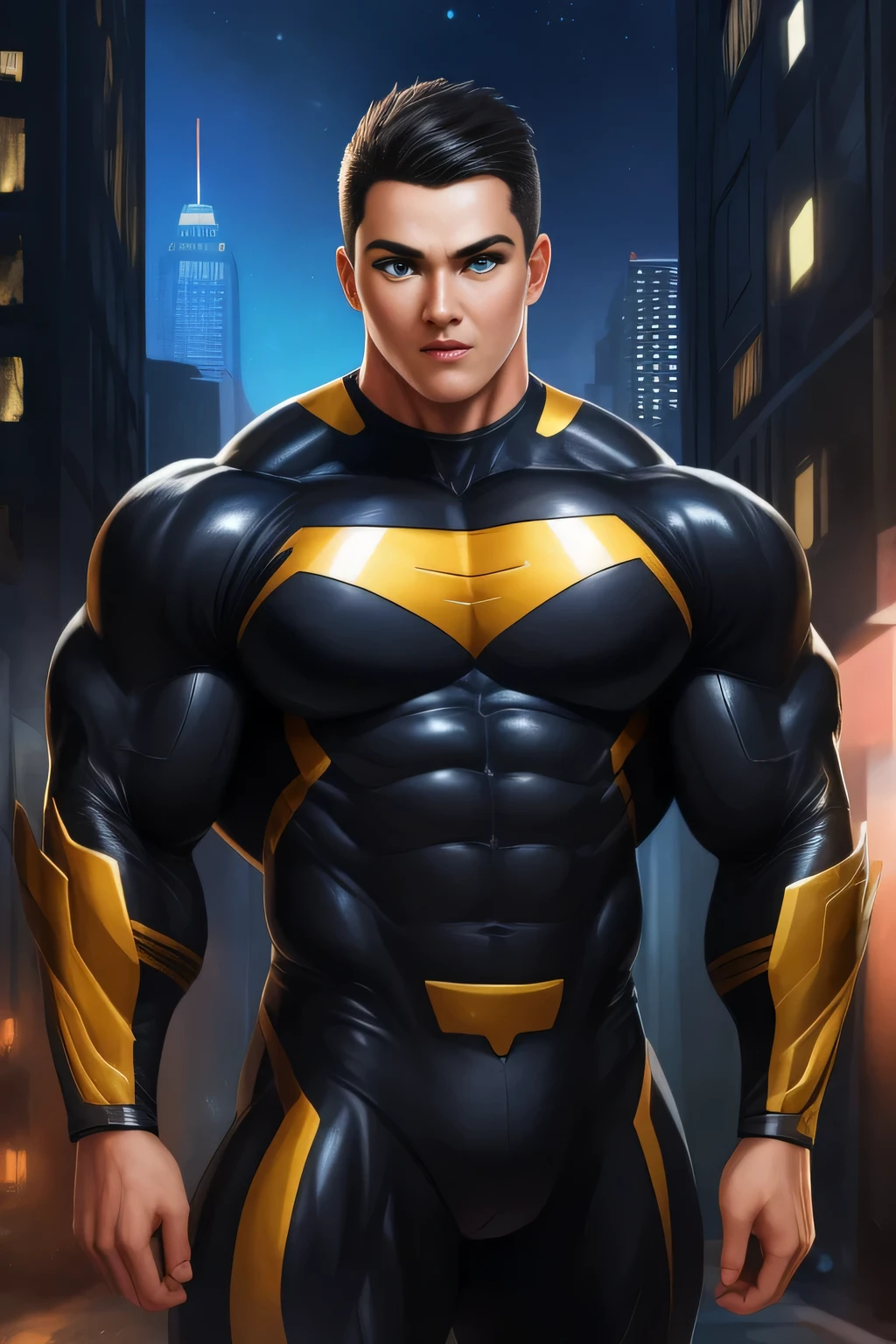 Competitive bodybuilder pro, nj5pielry, (human boy, Massive, manly, huge, muscular, Gigachad), boy, very attractive boy, mexican ethnicity. 16 years old, . ((Extremely realistic shadows, Masterpiece, extremely detailed, photorealistic)), human, hornless, mischievous expression, Without beard, white teeth, ((Detailed face)) nose, brown eyes, ((detailed eyes, delicate eyes, realistic eyes)), tanned skin. Conan Exiles Style, standing front, young superhero (young face) ready to fight, top rated pixiv, wears a Bodysuit, chiseled abs, chiseled pecs, 470 kgs, front view, even shoulders, perfect massive muscles, inflated muscles, voluminous pectorals, massive muscular body, a huge gigantic chest with a narrow waist, huge shoulders, ridiculously well-shaped large pecs, eight chiseled abs, arms thick as trunks and formidable thighs. (very toned and huge) hhis ridiculously broad shoulders, his absurdly wide back and his indecently muscular backs of arms, thick and defined thighs, huge and very voluminous and bulging pectorals; A muscular bodybuilder in the . A potential competitive bodybuilder. Even the back of his head was hot, with his jet black military haircut and voluminous neck, narrow waist, superhero, Jet Black hair, military haircut, white sclera, blue eyes, no horns, d&d character, brave superhero, human, handsome face, young. City background, skyscraper, futuristic city, night, stars, night lights, skill image, looking to the viewer, hero whose presence inspires trust and respect. (((His hero suit is black and gold.))) with big booty