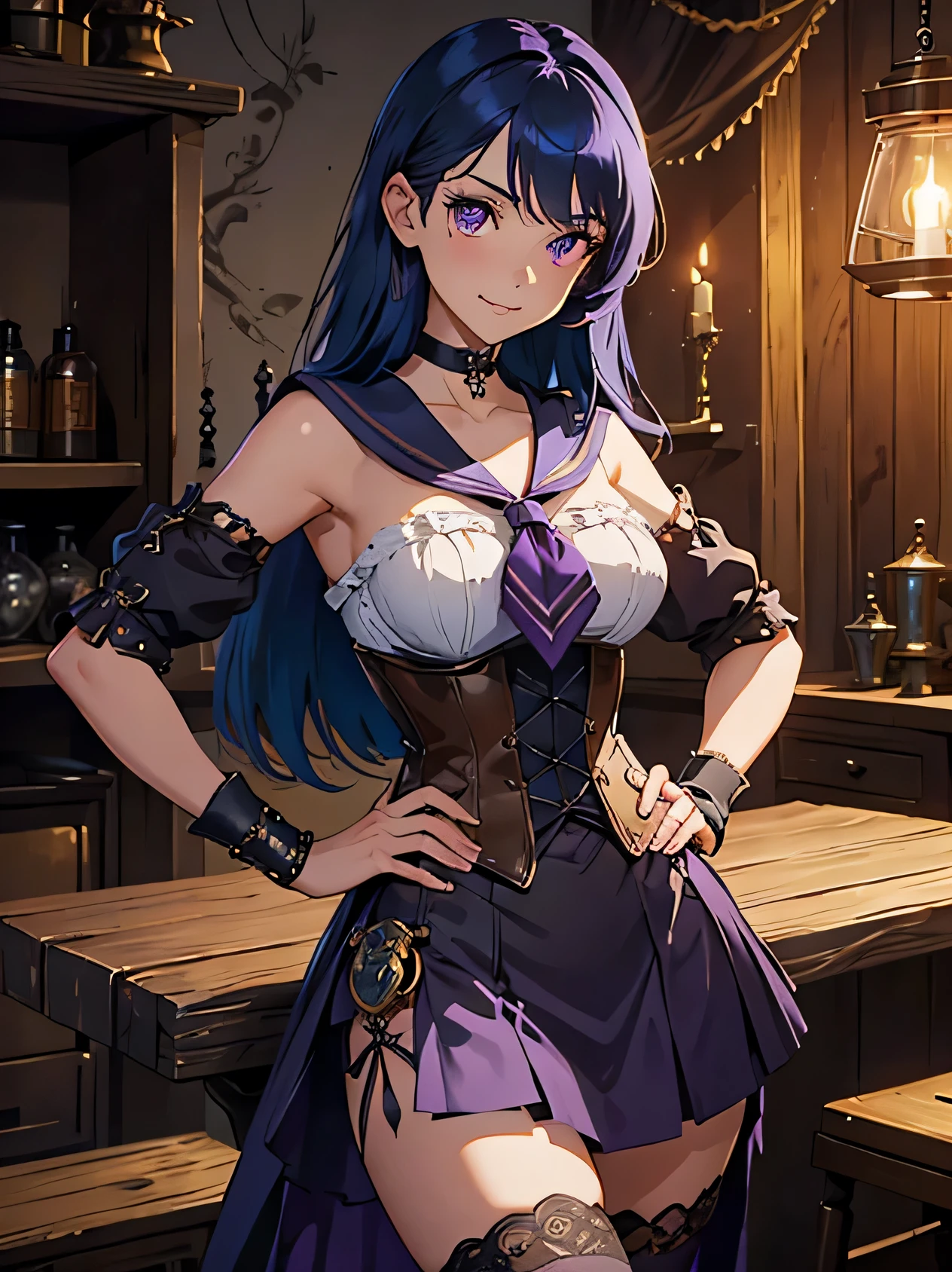 masterpiece, high quality, illustration, extremely detailed, 1_women, (bright blue hair), medium length hair, cute bangs, flowing hair, (exotic skin_complexion:1.4),mature, tall, beautiful, exotic, elegant, slim, (((hands on hips))), (((sailor collar))), black thigh highs, choker, medium bust, (brown steampunk corset), black Lolita style skirt, knee high brown boots with laces, bare shoulder, black elegant elbow gloves, diamond shaped eyes, (((purple eyes))), dark_eyeliner, long_eyelashes), natural dynamic lighting, smiling, happy, steampunk, in rustic room, wooden table, crystal ball, rustic gypsy hut, candles, candle light, clocks on walls, skulls, potions, curtains, colored smoke in the air,