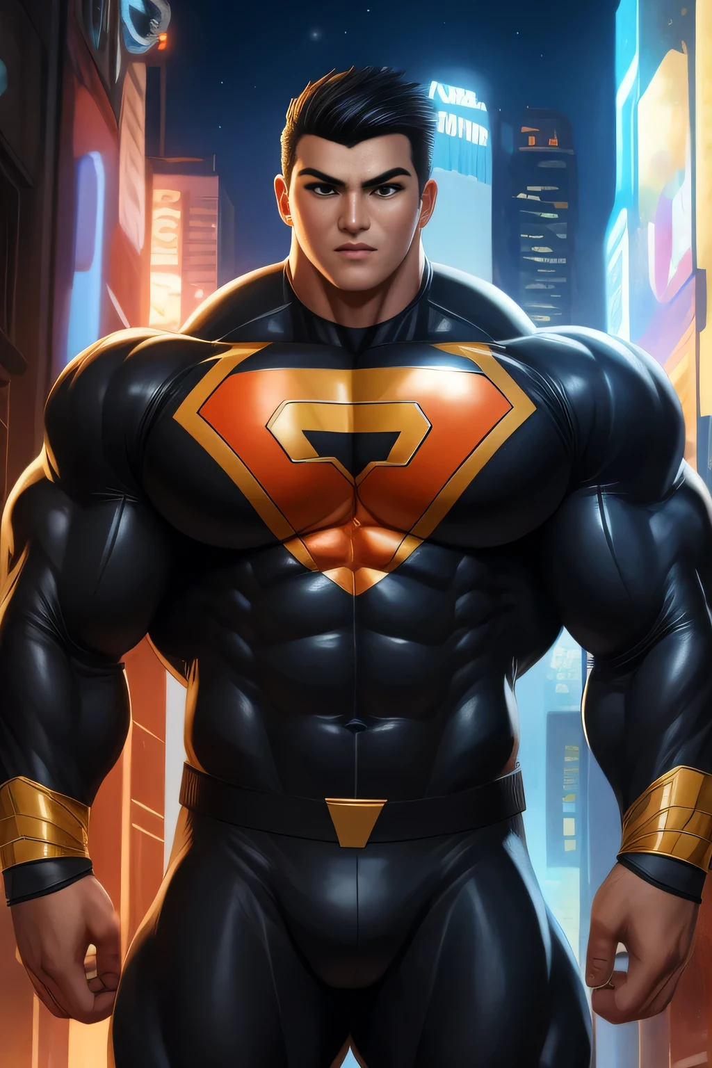 Competitive bodybuilder pro, nj5pielry, (human boy, Massive, manly, huge, muscular, Gigachad), boy, very attractive boy, mexican ethnicity. , . ((Extremely realistic shadows, Masterpiece, extremely detailed, photorealistic)), human, hornless, mischievous expression, Without beard, white teeth, ((Detailed face)) nose, brown eyes, ((detailed eyes, delicate eyes, realistic eyes)), tanned skin. Conan Exiles Style, standing front, young superhero (young face) ready to fight, top rated pixiv, wears a Bodysuit, chiseled abs, chiseled pecs, 470 kgs, front view, even shoulders, perfect massive muscles, inflated muscles, voluminous pectorals, massive muscular body, a huge gigantic chest with a narrow waist, huge shoulders, ridiculously well-shaped large pecs, eight chiseled abs, arms thick as trunks and formidable thighs. (very toned and huge) hhis ridiculously broad shoulders, his absurdly wide back and his indecently muscular backs of arms, thick and defined thighs, huge and very voluminous and bulging pectorals; A muscular bodybuilder in the . A potential competitive bodybuilder. Even the back of his head was hot, with his jet black military haircut and voluminous neck, narrow waist, superhero, Jet Black hair, military haircut, white sclera, blue eyes, no horns, d&d character, brave superhero, human, handsome face, young. City background, skyscraper, futuristic city, night, stars, night lights, skill image, looking to the viewer, hero whose presence inspires trust and respect. (((His hero suit is black and gold.))) with big booty