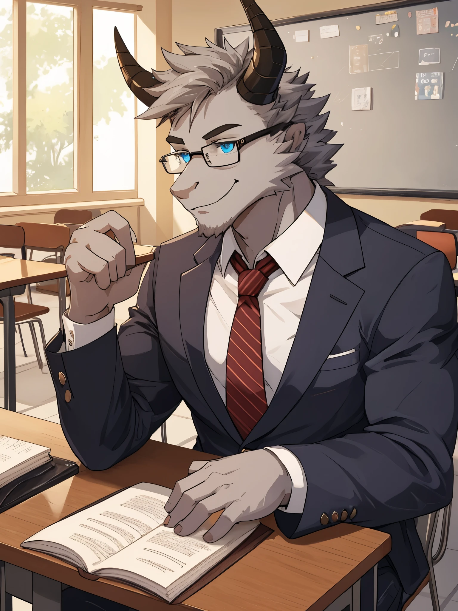 Masterpiece, solo, Furry Gray Dragon, Blue eyes, Medium Gray Hair, Two Horns, Muscular Body, Smiling, Handsome, Glasses, Teaching, Teacher Outfit, Classroom Background.
