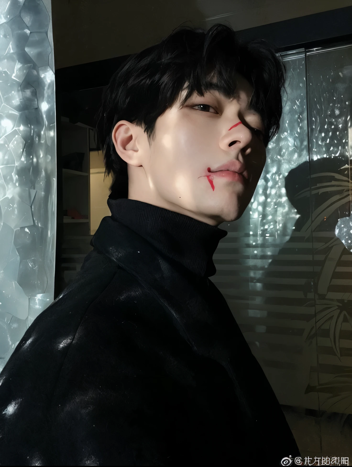 homem arafado com sangue no rosto e nariz, Cai Xukun, rosto limpo e brutal ensanguentado, Wonbin Lee, Jinyoung Canela, Yanjun Chengt, TaeJune Kim, Kim Siwoo, rosto esmagado, Artista coreano, Hong June Hyung, inspirado em Yanjun Cheng, foto de perfil, Ulzzang macho, his eyes are bleeding intense