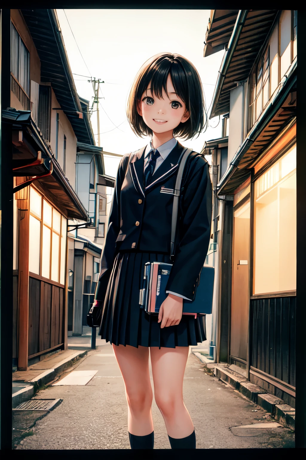 A street snap of a smiling in uniform with black hair, taken with a Polaroid camera, underexposed, low-fi, in a rural town in Japan, with a sunset, in front of a candy store, with a street light, and a soft focus.